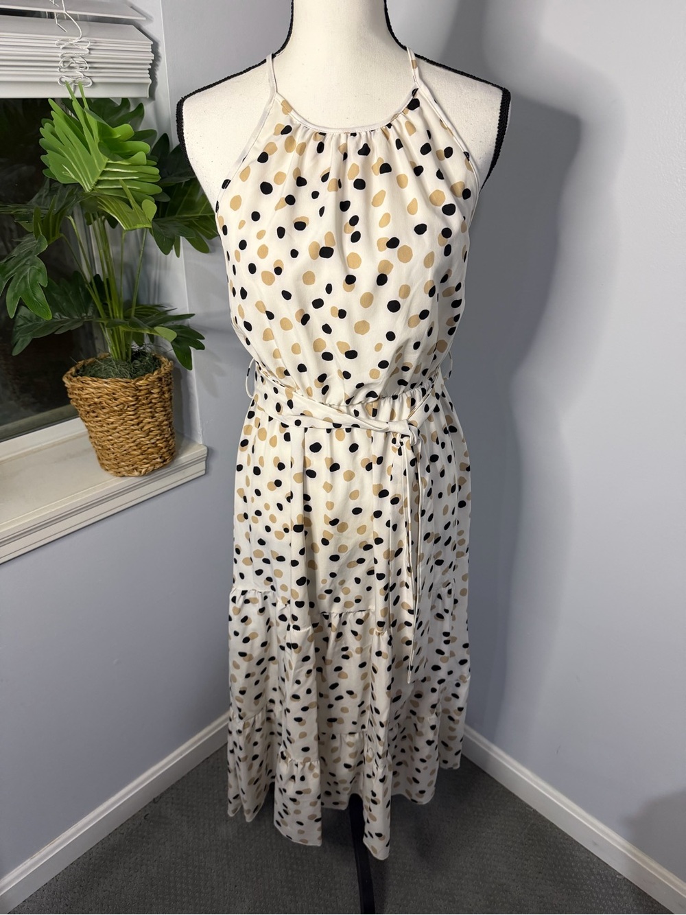 Halter Polka Dot Midi Dress in Cream with Black & Gold Dots